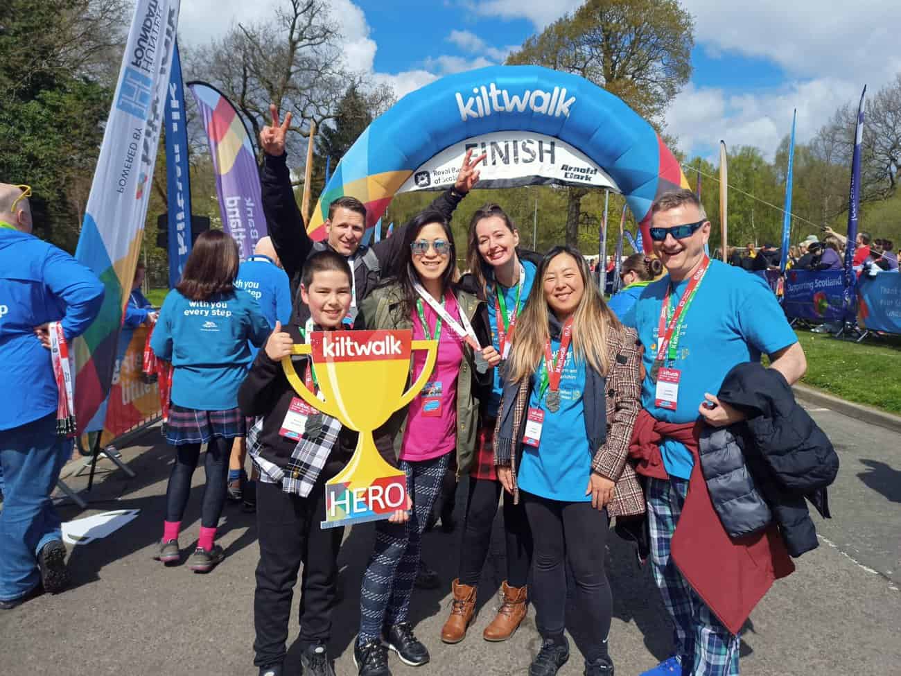 Image of team who walked for Home-Start at the Kiltwalk.  They have just finished. 