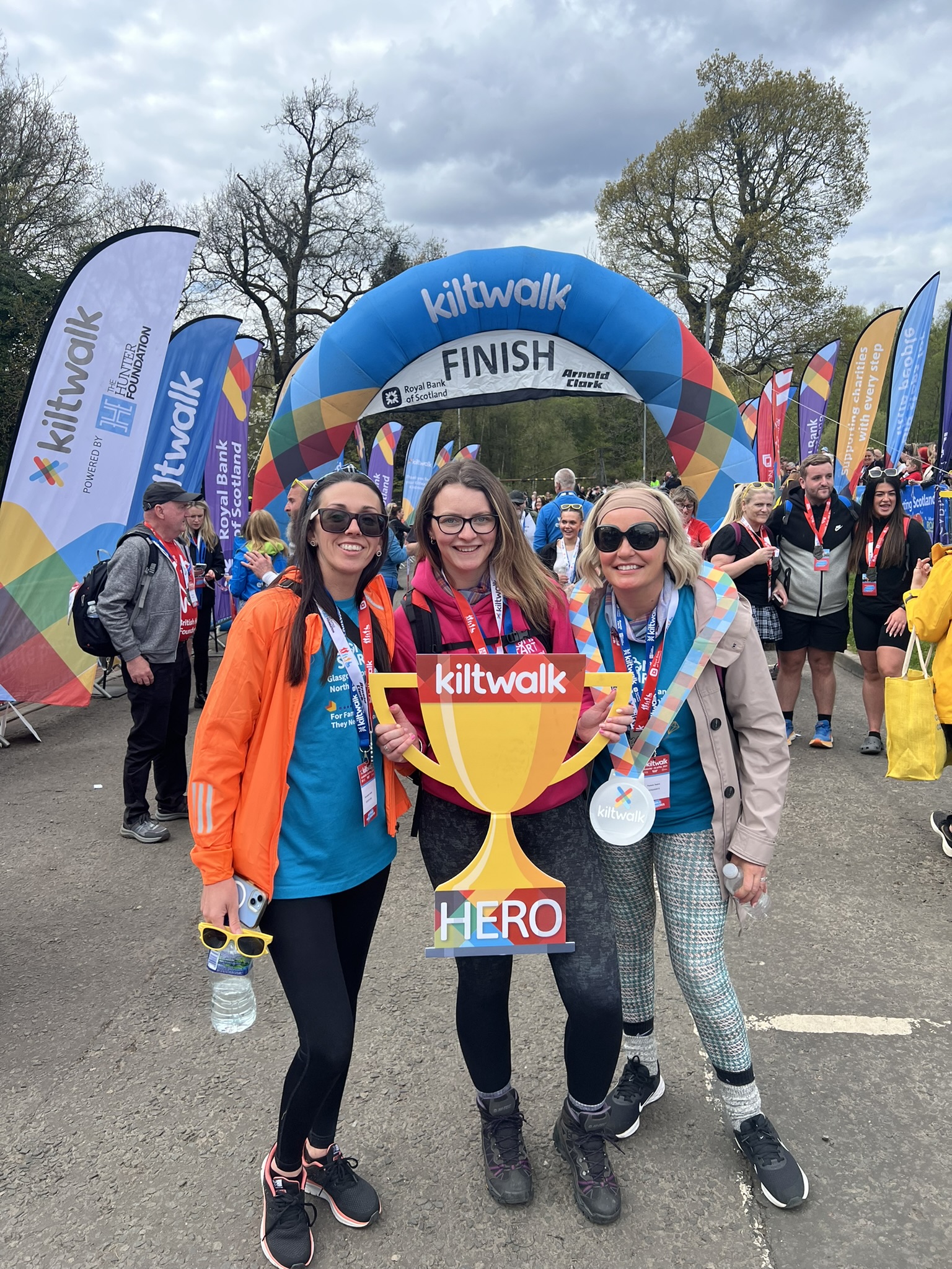 Image of Home-Start Staff Pamela and Rachel with Home-Start Volunteer Berni at the finish of the Kiltwalk.