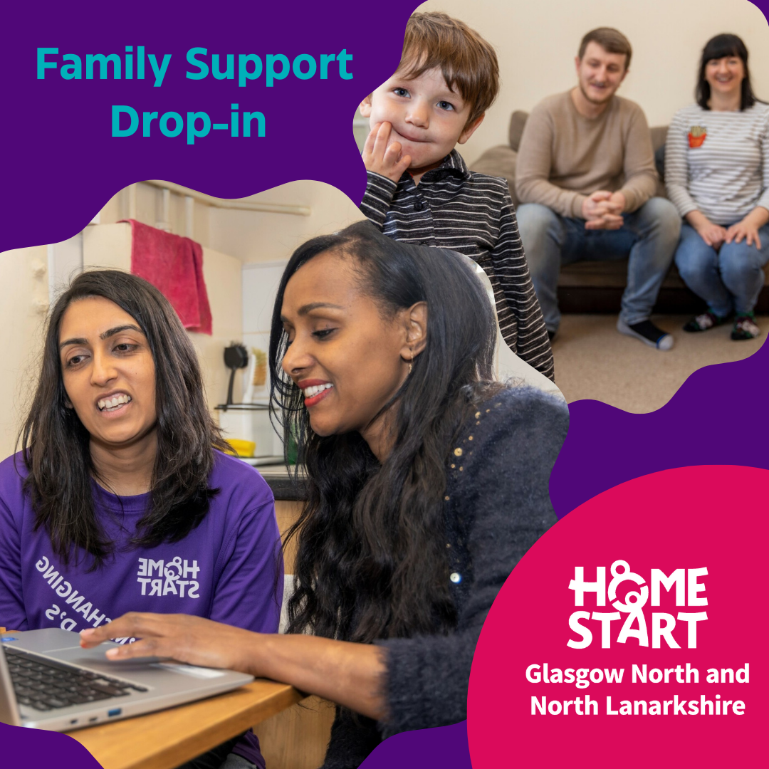2 image on the picture, there is an image on one corner of a Home-Start volunteer helping a mum budget sitting at a table, the 2nd image is mum and dad sitting in the background on a couch, and a young boy at the front of the image