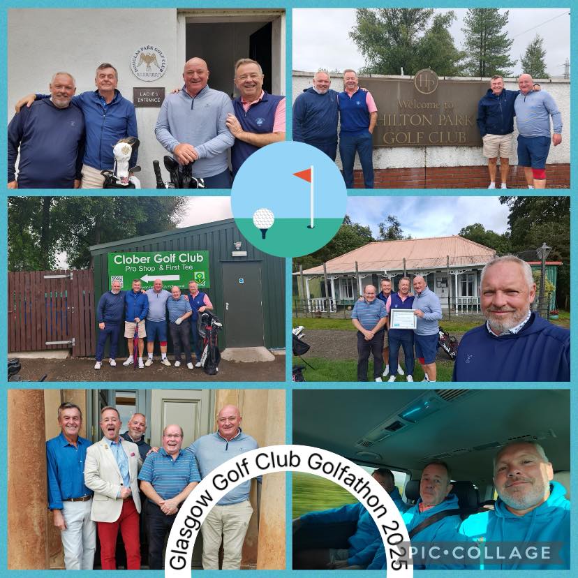 Lots of different images within one showing the golfers from the Glasgow Golf Clubs at different golf clubs during the Golfathon challenge