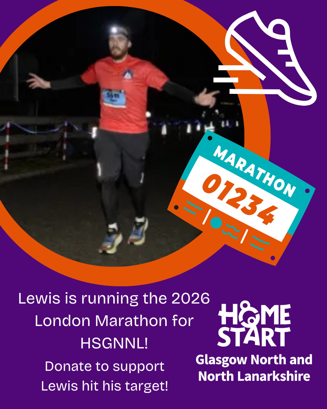 Lewis is running a race at night with a head torch on.